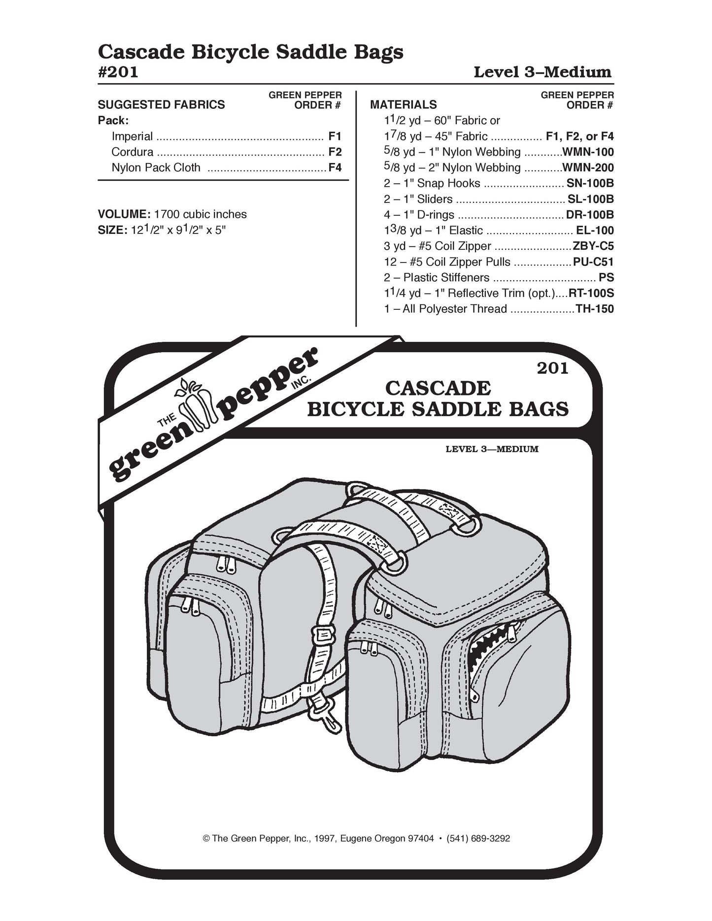 Cascade Bicycle Saddlebags Sewing Pattern (Sold per Each)