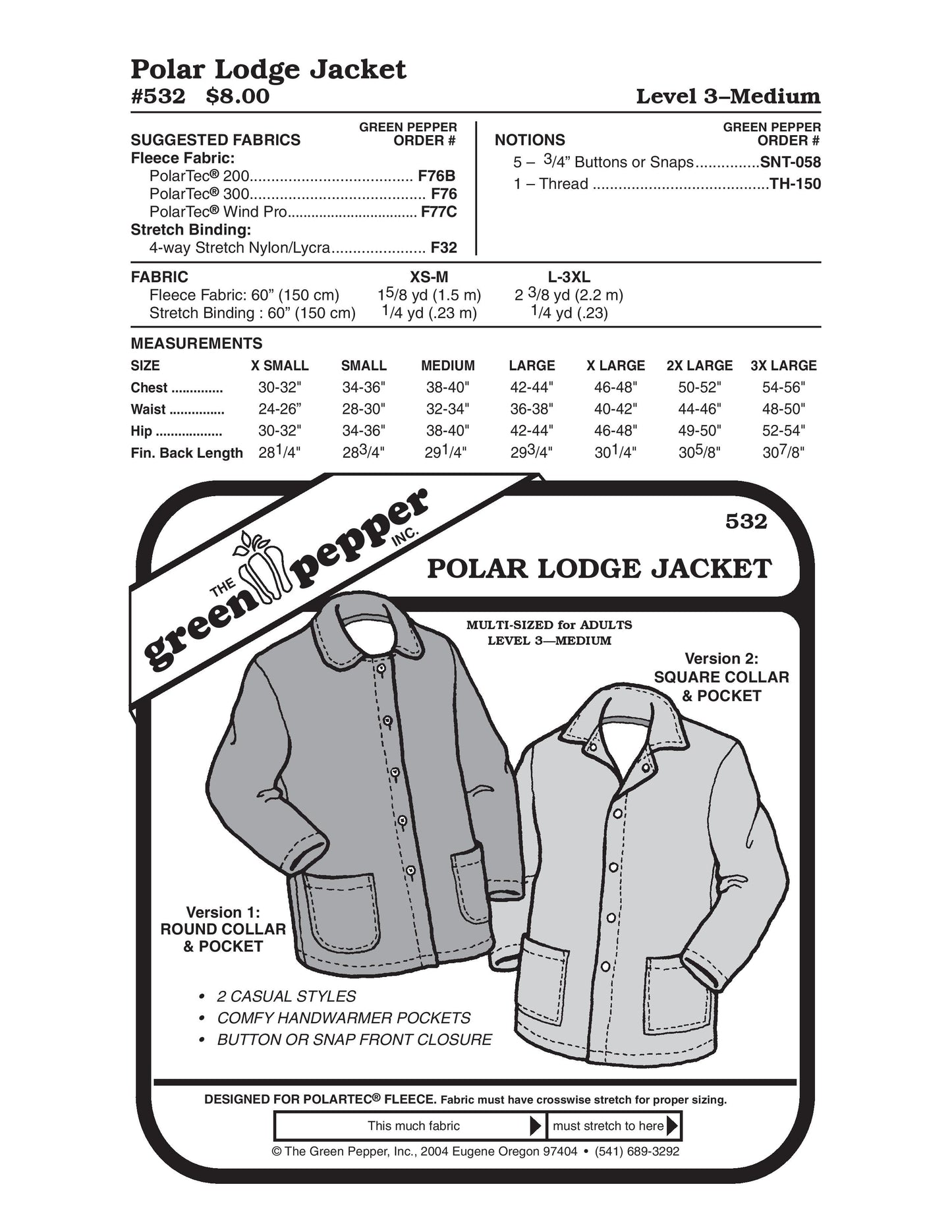 Polar Lodge Jacket Pattern (Sold per Each)