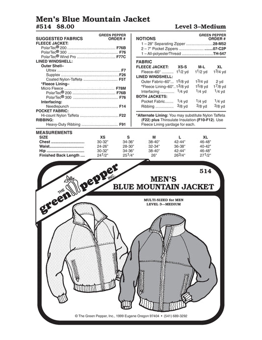 Men's Blue Mountain Jacket Pattern (Sold per Each)