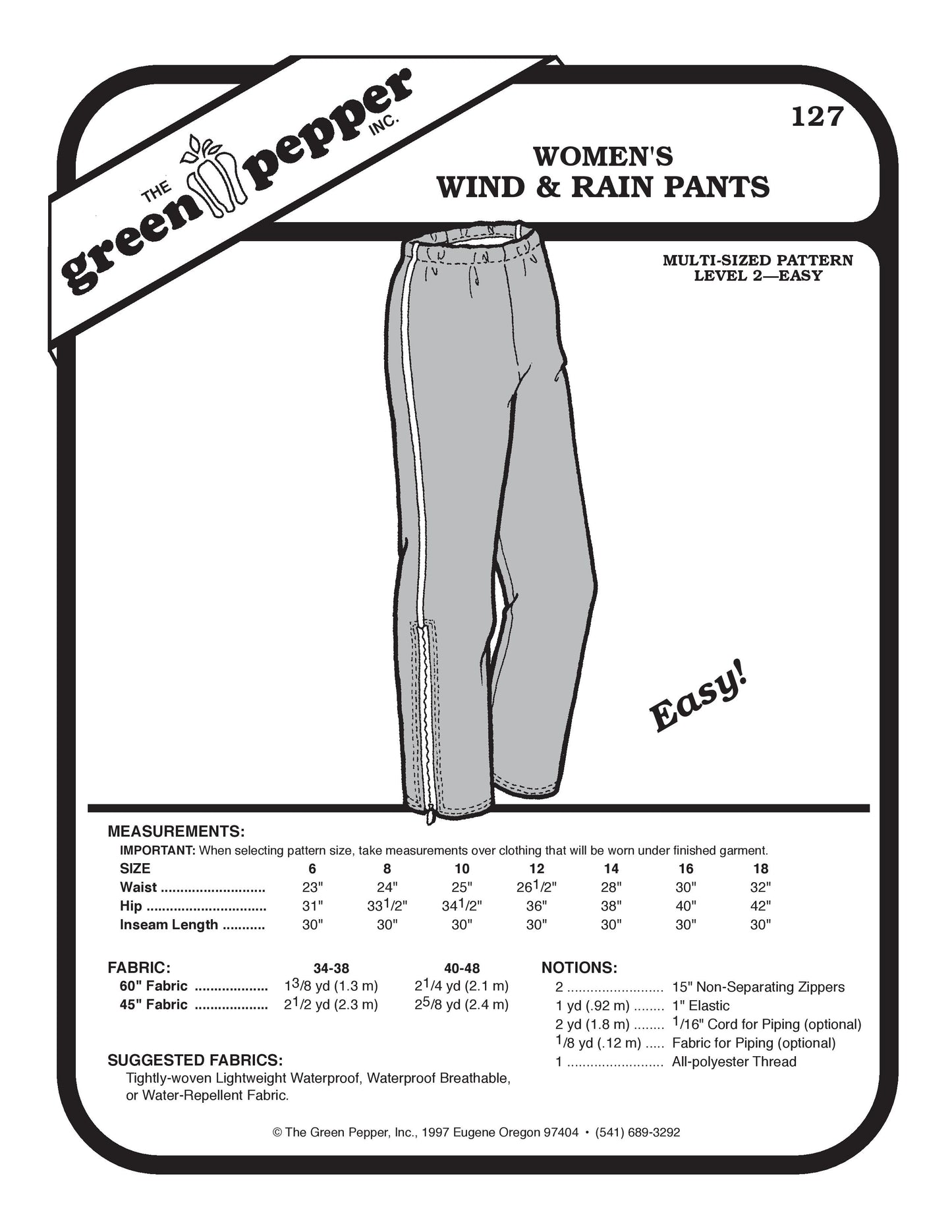 レディース ウィンド&レイン パンツ 縫製型紙 (1 個あたりの販売)