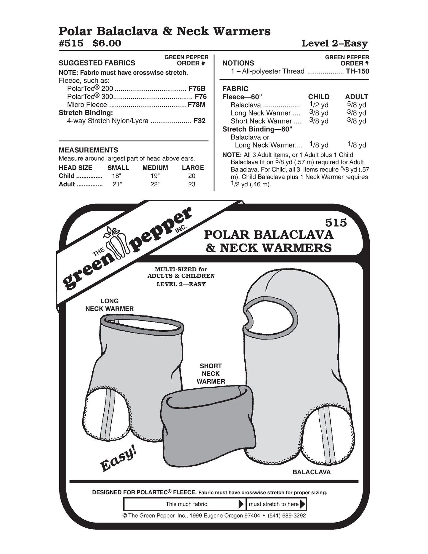 Polar バラクラバ & ネックウォーマー 縫製型紙 (1 個あたりの販売)