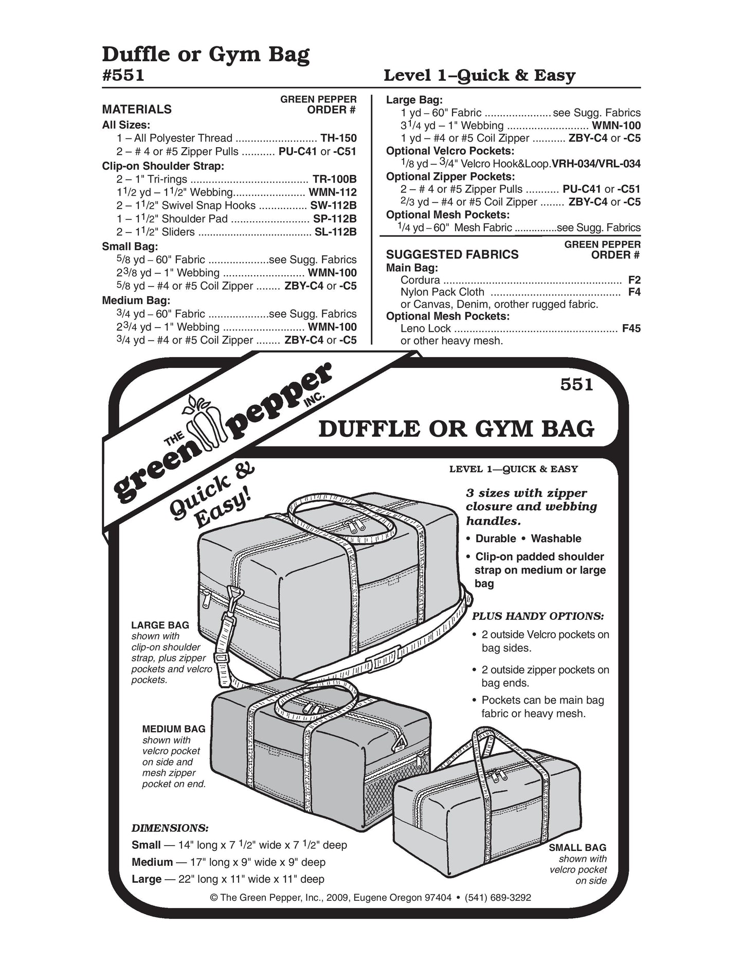 Duffle or Gym Bag Sewing Pattern (Sold per Each)