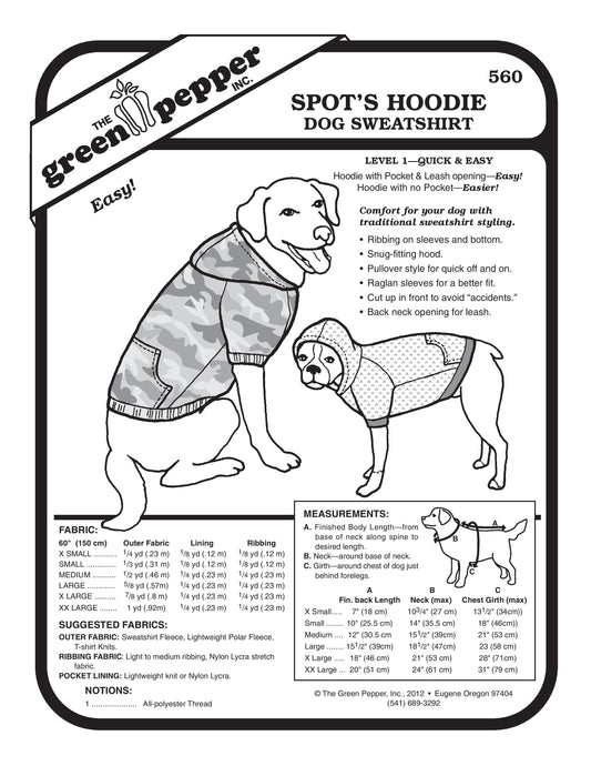 Spot's Hoodie Dog Sweatshirt Pattern (Sold per Each)