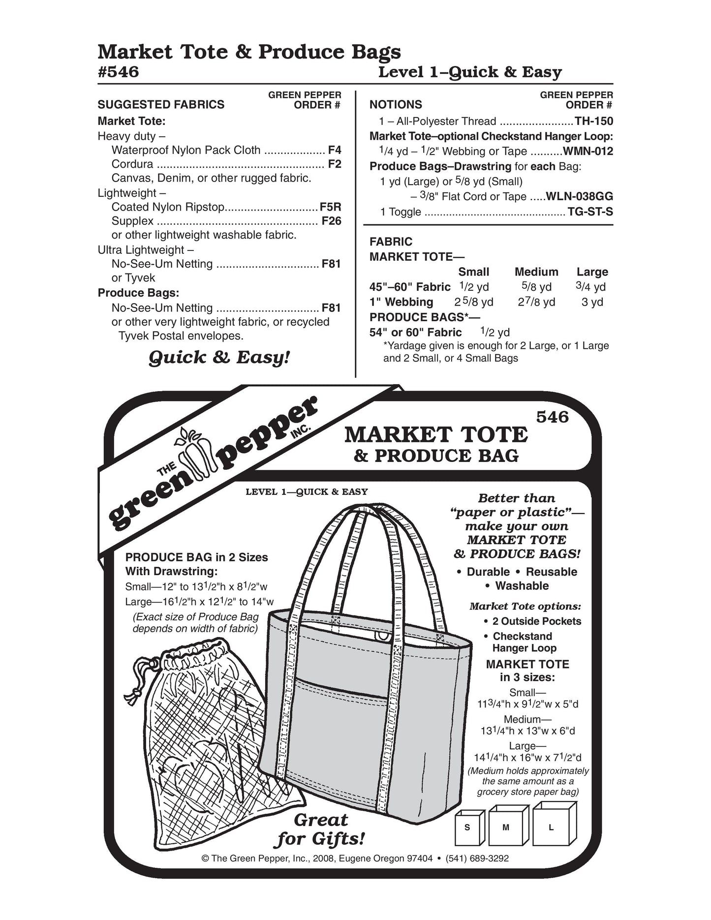 Market Tote & Produce Bag Pattern (Sold per Each)