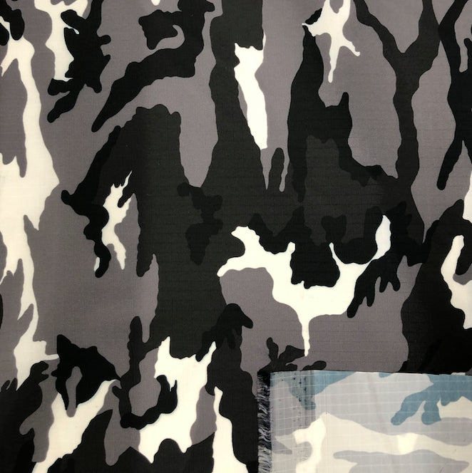 Coated 75D Polyester Ripstop w/DWR & FR - Urban Grey Camo (Sold Per Yard)