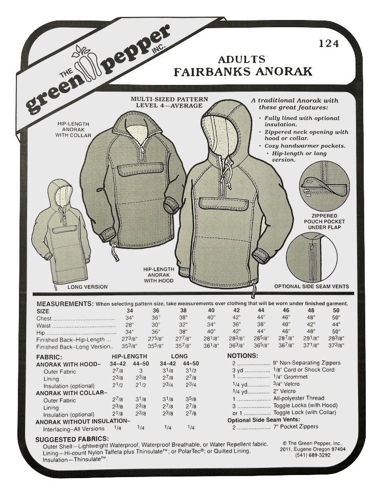 Patrón de costura de anorak Fairbanks para adultos (se vende por unidad)