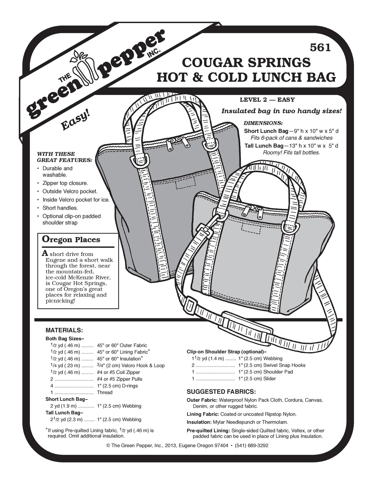 Cougar Springs Hot & Cold Lunch Bag  Pattern (Sold per Each)