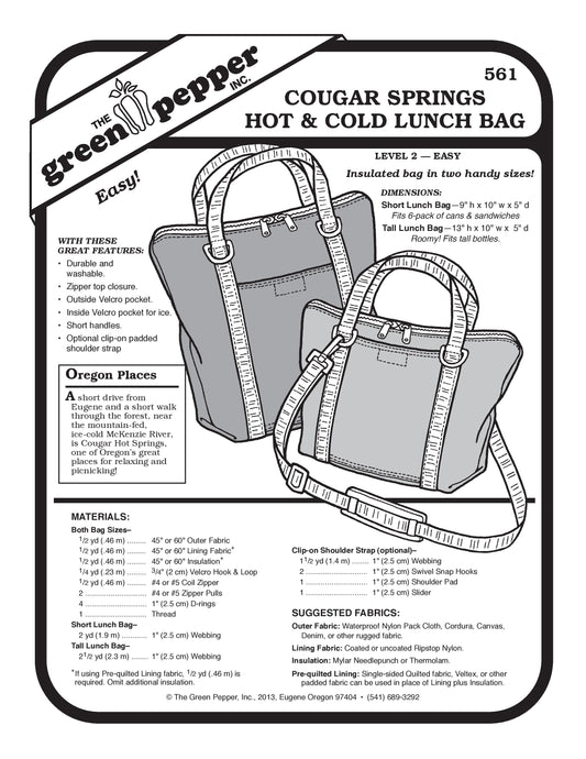 Cougar Springs Hot &amp; Cold Lunch Bag Pattern (se vende por unidad)
