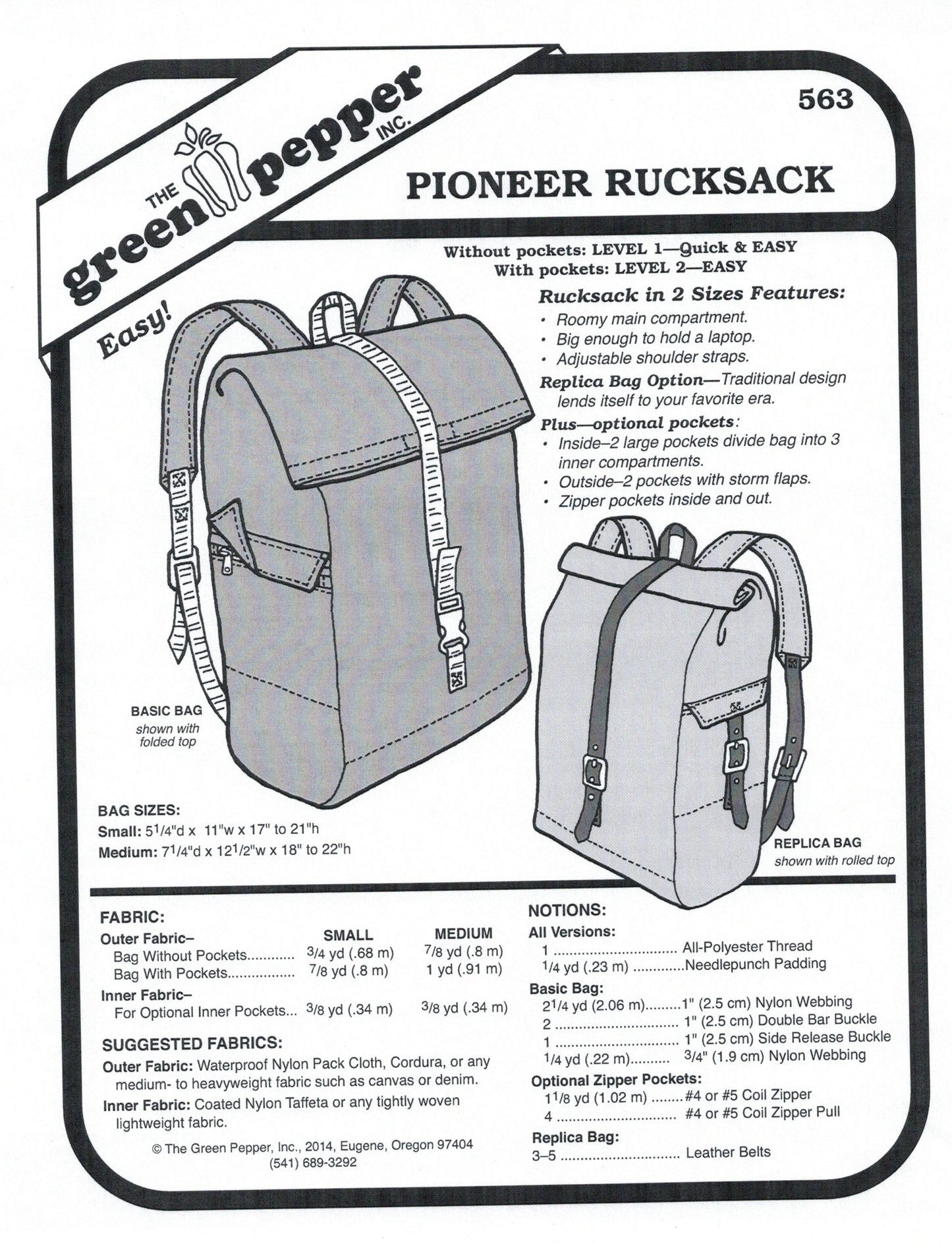 Pioneer Rucksack Sewing Pattern (Sold per Each)