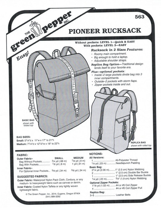 Patrón de costura de mochila Pioneer (vendido por cada uno)