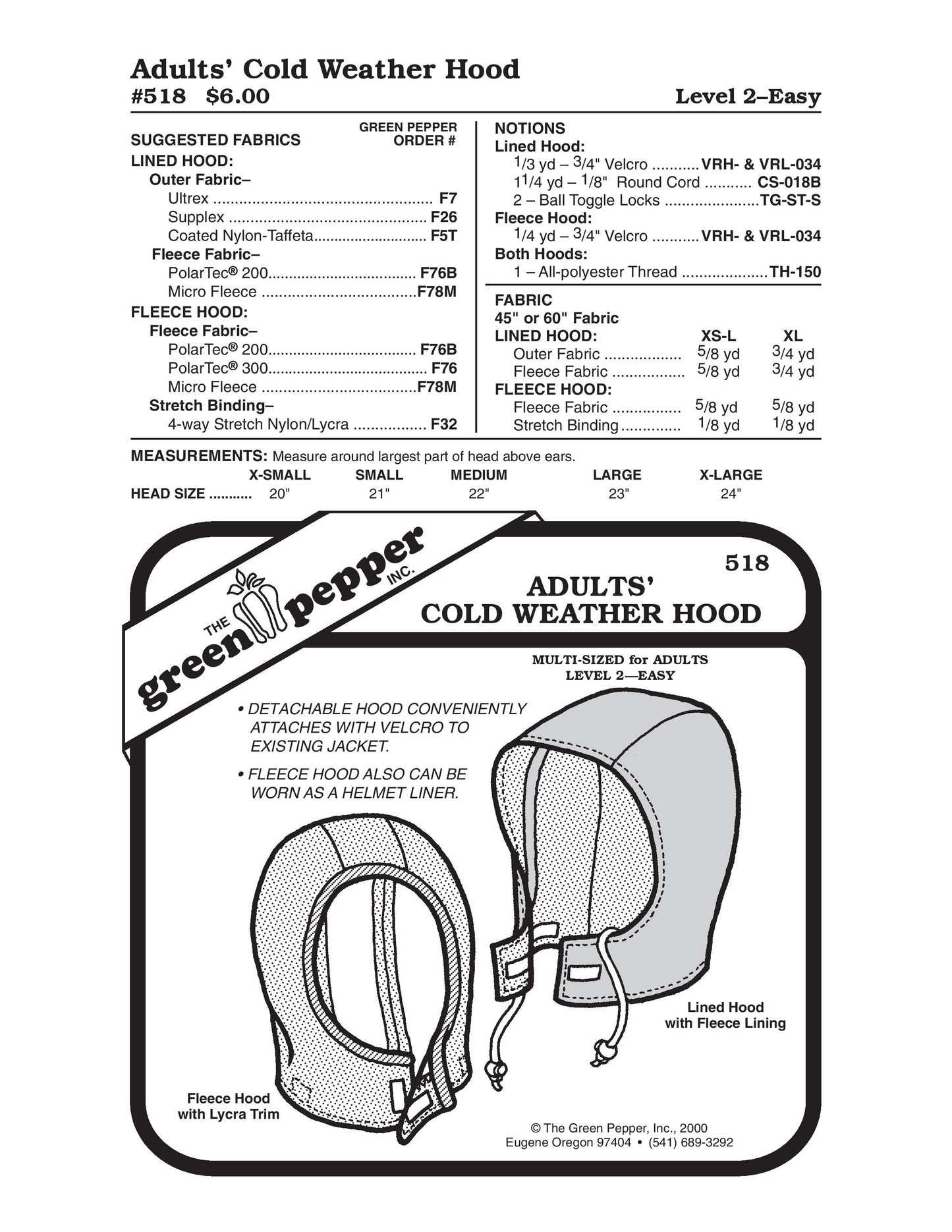Patrón de costura de capucha para clima frío para adultos (se vende por unidad)