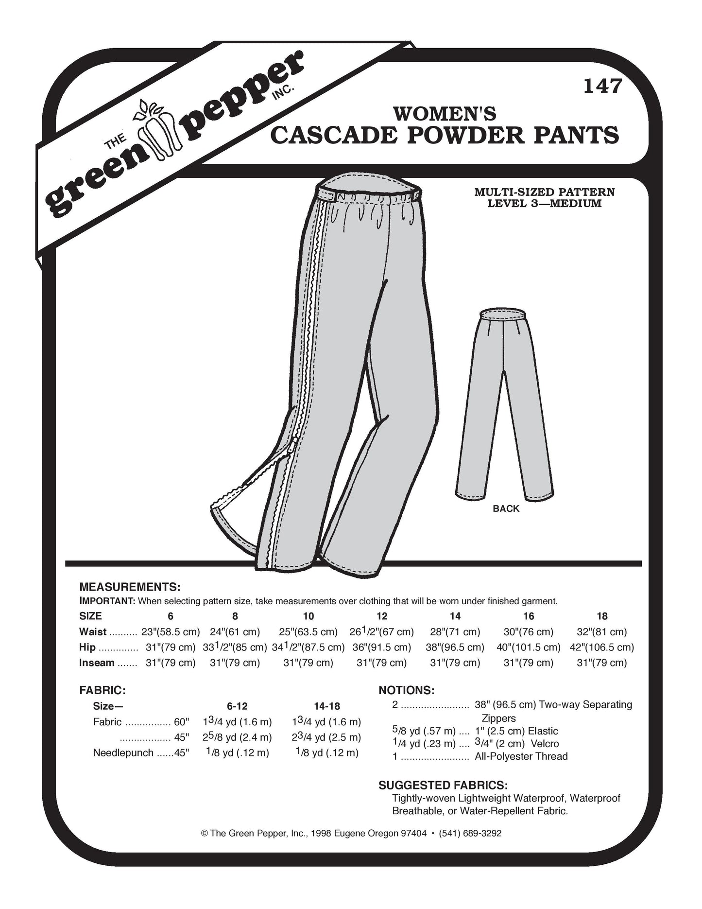 Women's Cascade Powder Pants Pattern (Sold per Each)