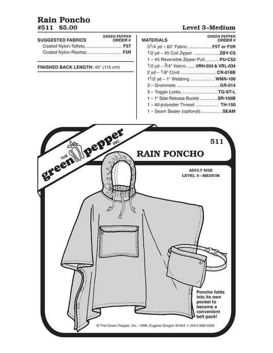 Adult Rain Poncho Sewing Pattern (Sold per Each)
