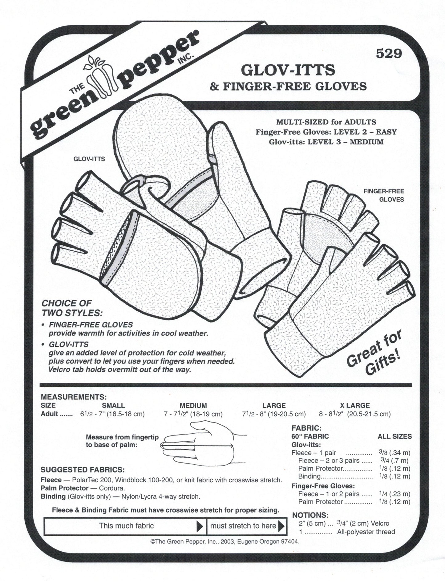 Patrón de costura de guantes sin dedos y Glov-Itts (se venden por cada uno)