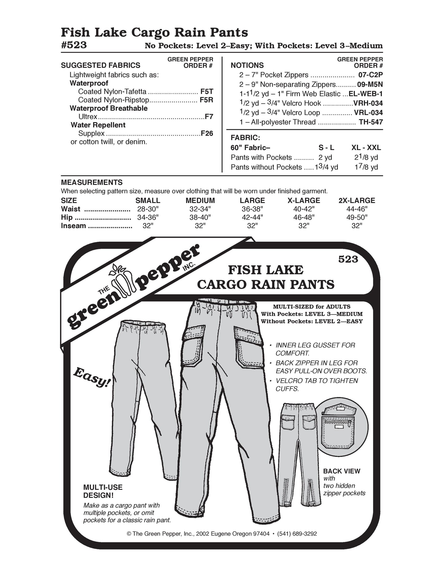Patrón de pantalones de lluvia Fish Lake Cargo (se vende por cada uno)