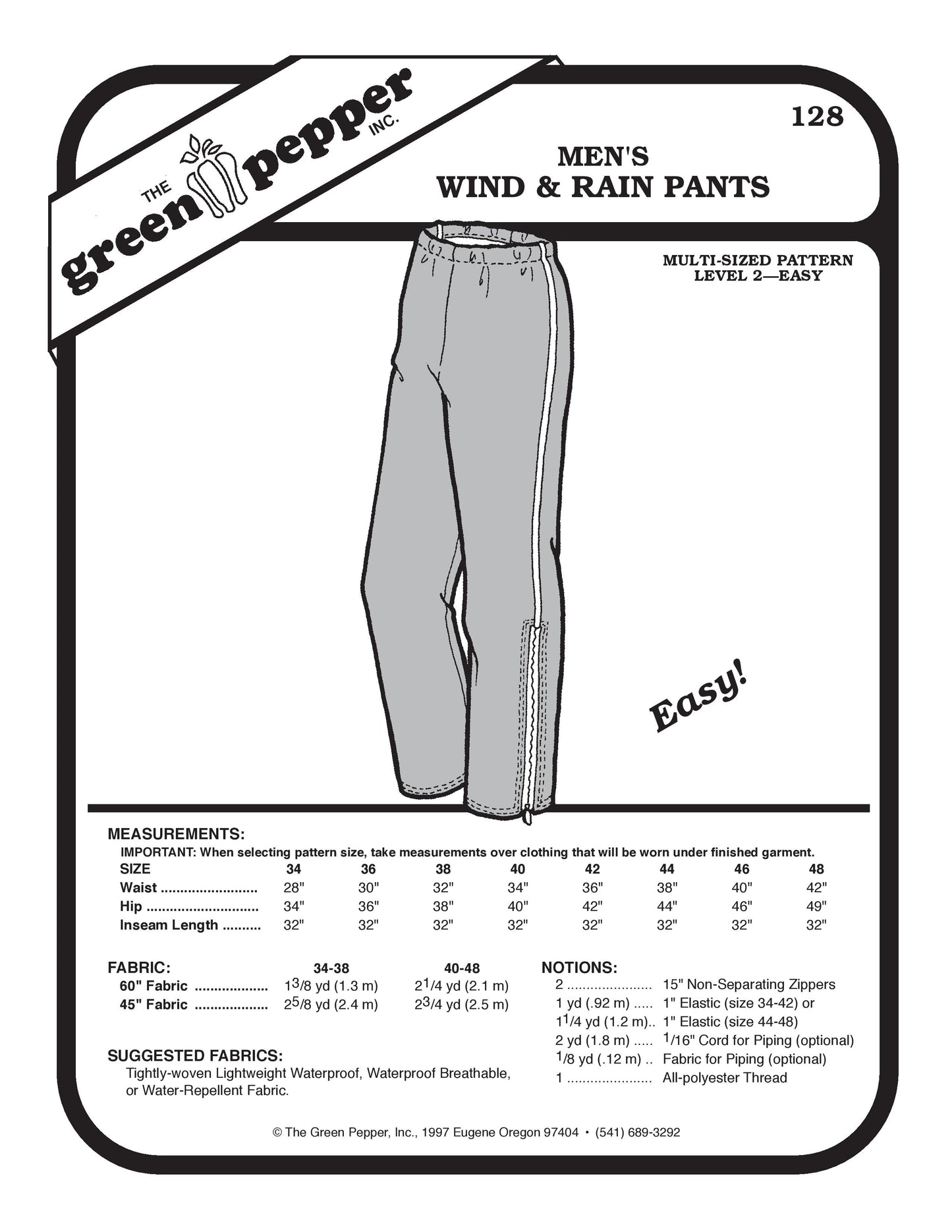 Patrón de pantalones de viento y lluvia para hombres (se vende por cada uno)