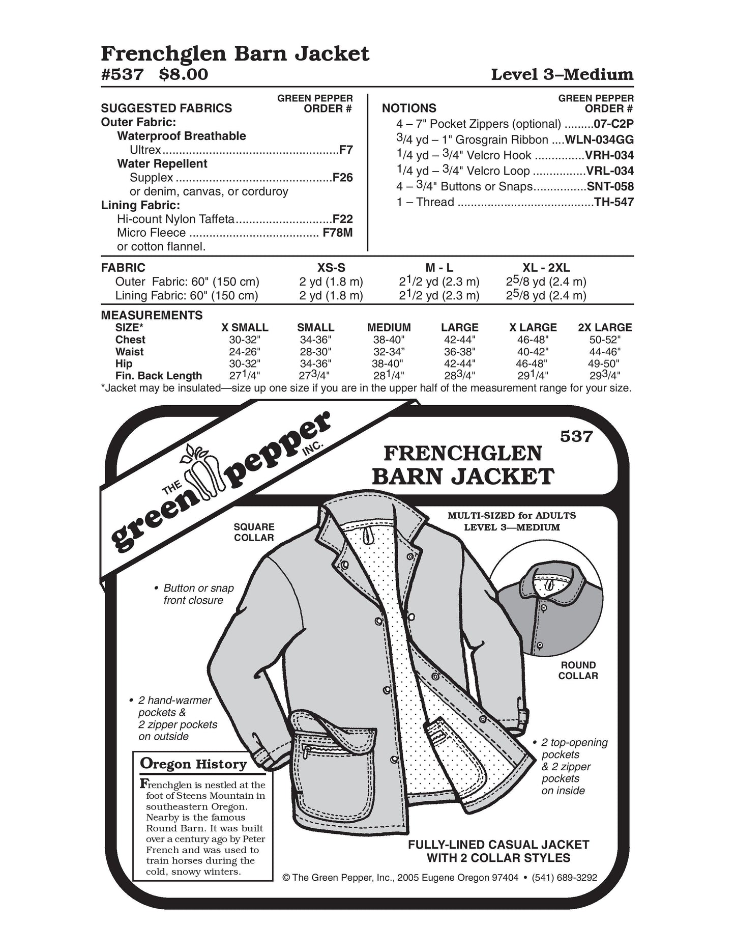 Frenchglen Barn Jacket Sewing Pattern (Sold per Each)