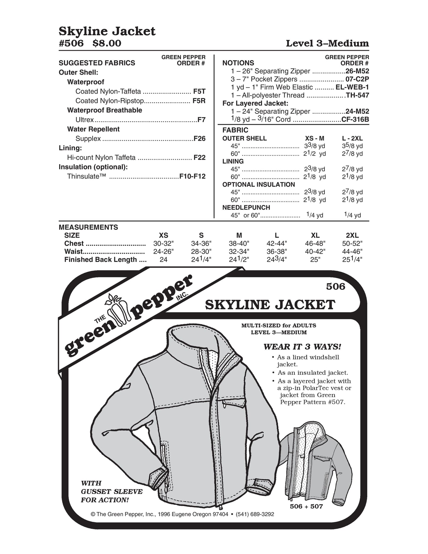 Patrón de costura de chaqueta Skyline (vendido por cada uno)