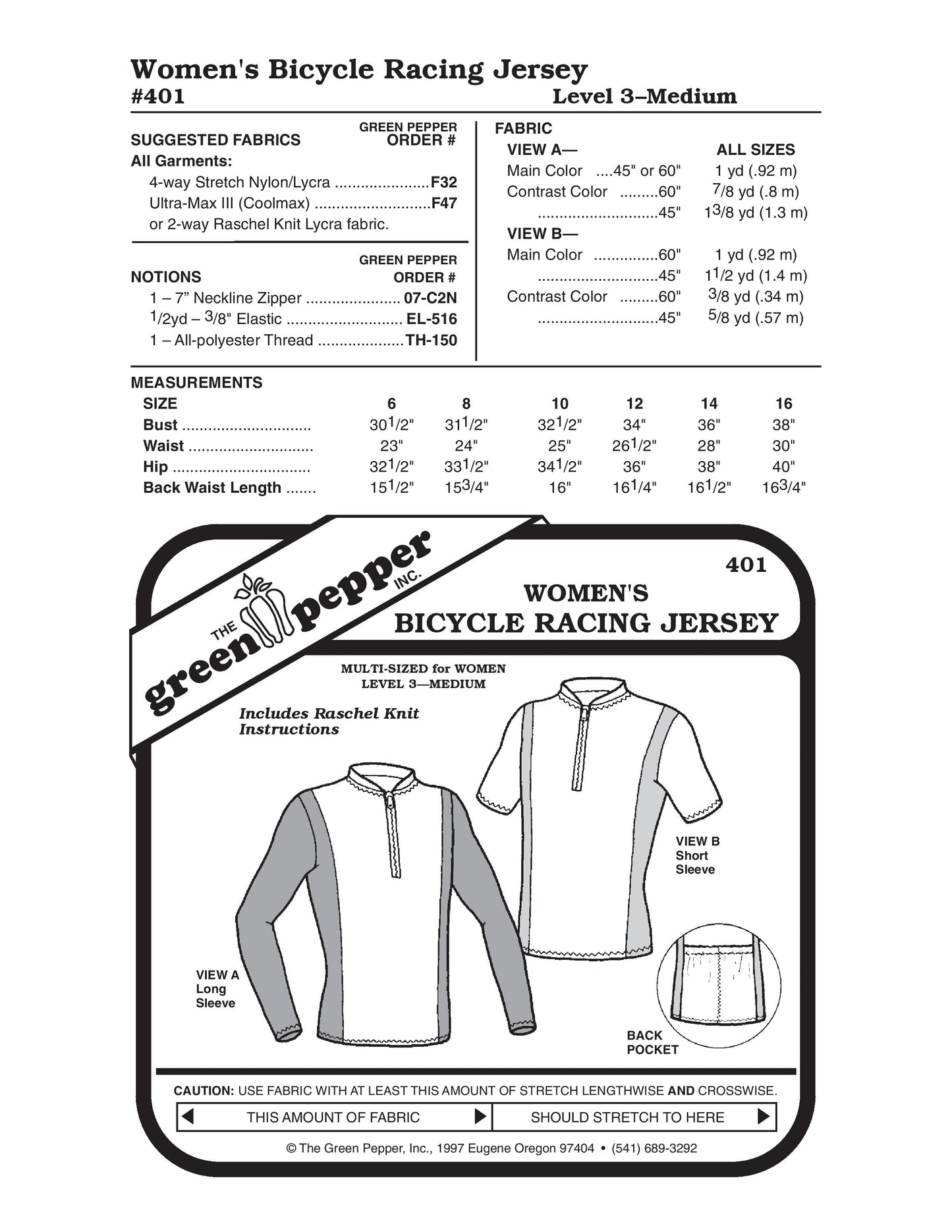 Women's Bicycle Racing Jersey Pattern (Sold per Each)
