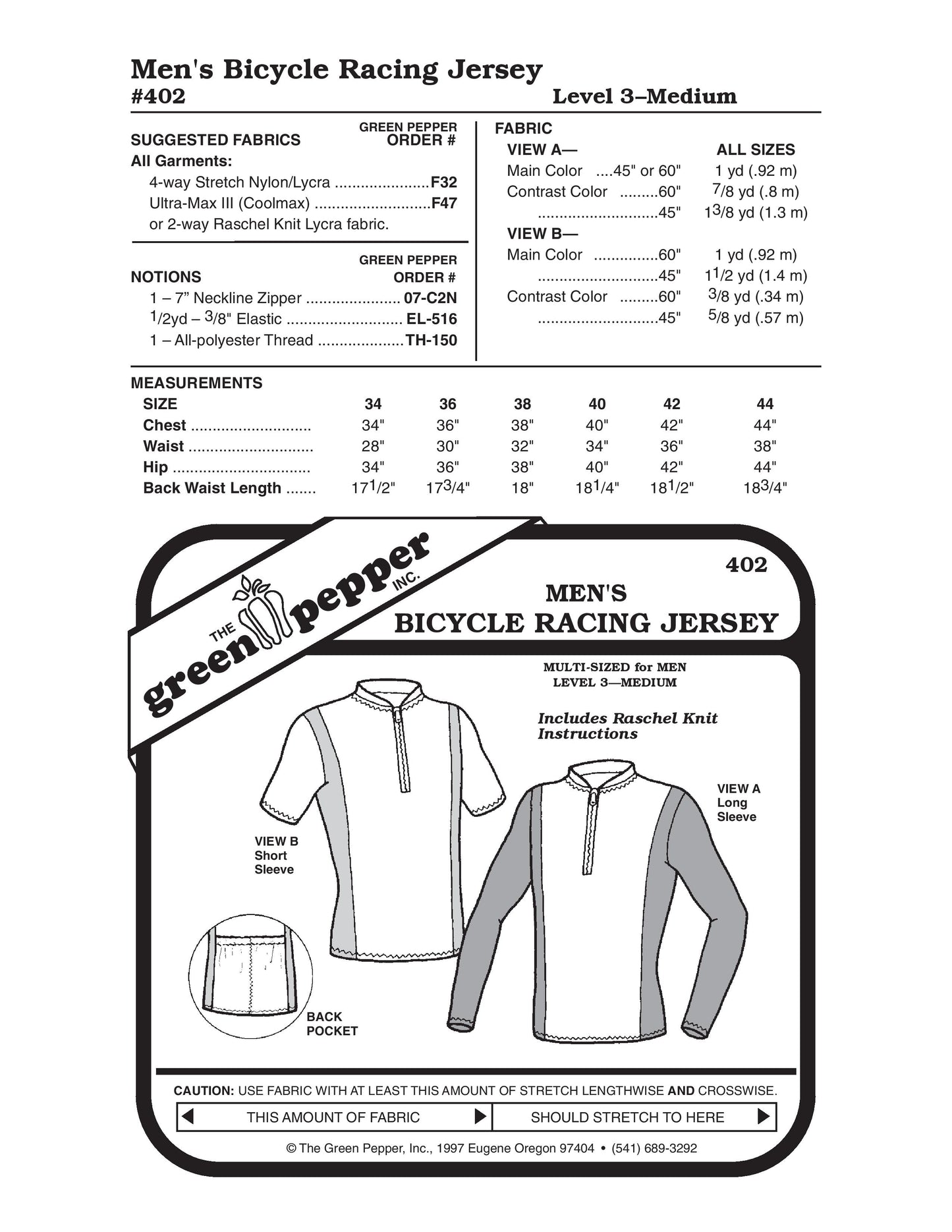 Men's Bicycle Racing Jersey Pattern (Sold per Each)
