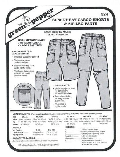 サンセットベイ カーゴ ショーツ &amp; ジップレッグ パンツ 縫製型紙 (各販売)