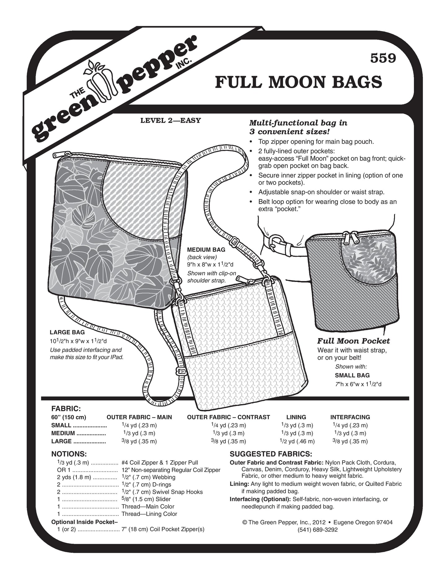 Full Moon Bags Pattern (Sold per Each)