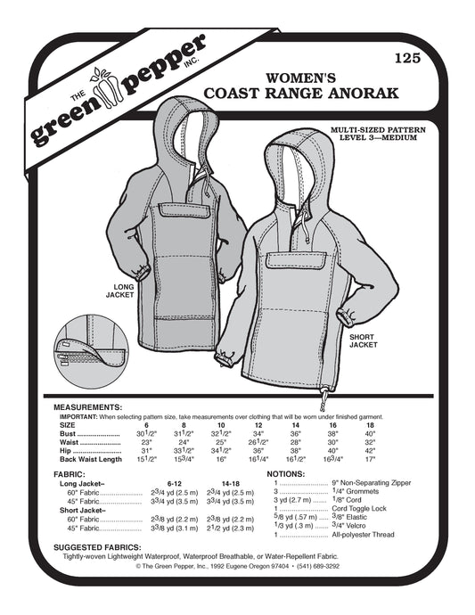 Women's Coast Range Anorak Sewing Pattern (Sold per Each)