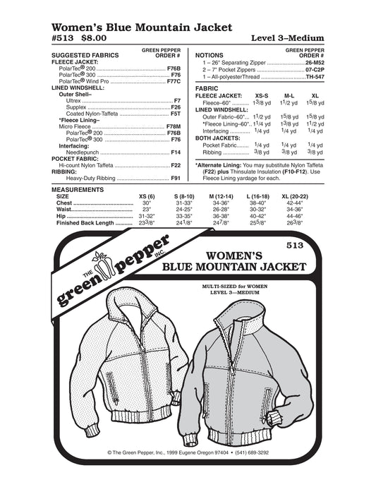 Patrón de costura de chaqueta de montaña azul para mujer (se vende por cada uno)