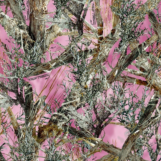 White Princess Satin printed in TrueTimber® MC2 Pink (Sold per Yard)