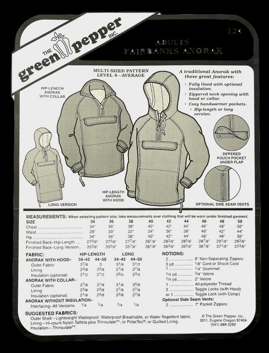 Patrón de costura de anorak Fairbanks para adultos (se vende por unidad)