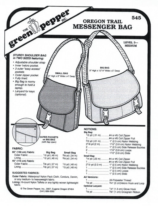 Patrón de costura de bolsa de mensajero Oregon Trail (se vende por cada uno)