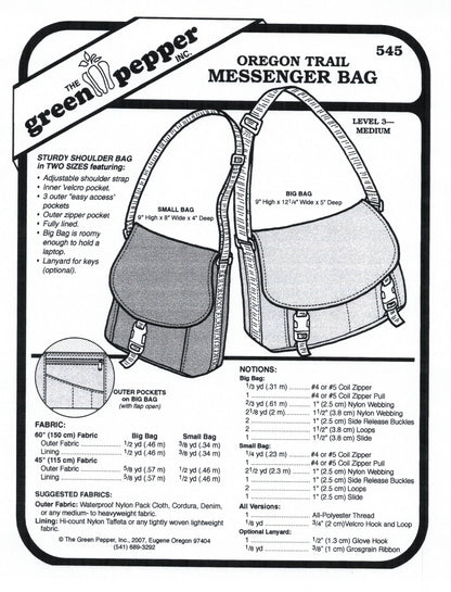 オレゴン トレイル メッセンジャー バッグ 縫製型紙 (1 個あたりの販売)