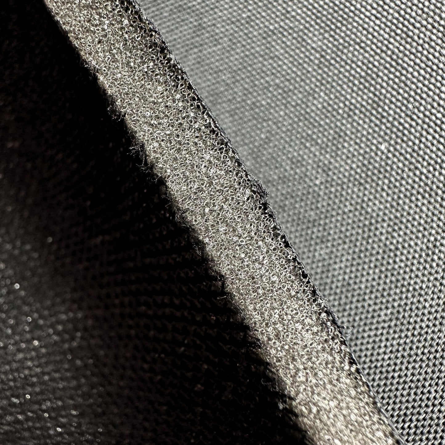 600 Denier Black Polyester, DWR, PU Coated, Laminated to Foam, Black Tricot Backing (Sold per Yard)